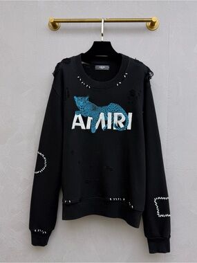 AMIRI Black Crewneck Sweater with Blue Leopard Motif